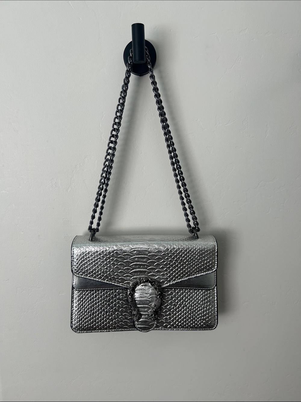 Designer Inspired Metallic Silver Snake-Embossed Shoulder Bag